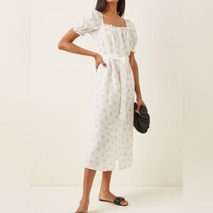 Sleeper Brigitte Daisy-Print Linen Midi Dress